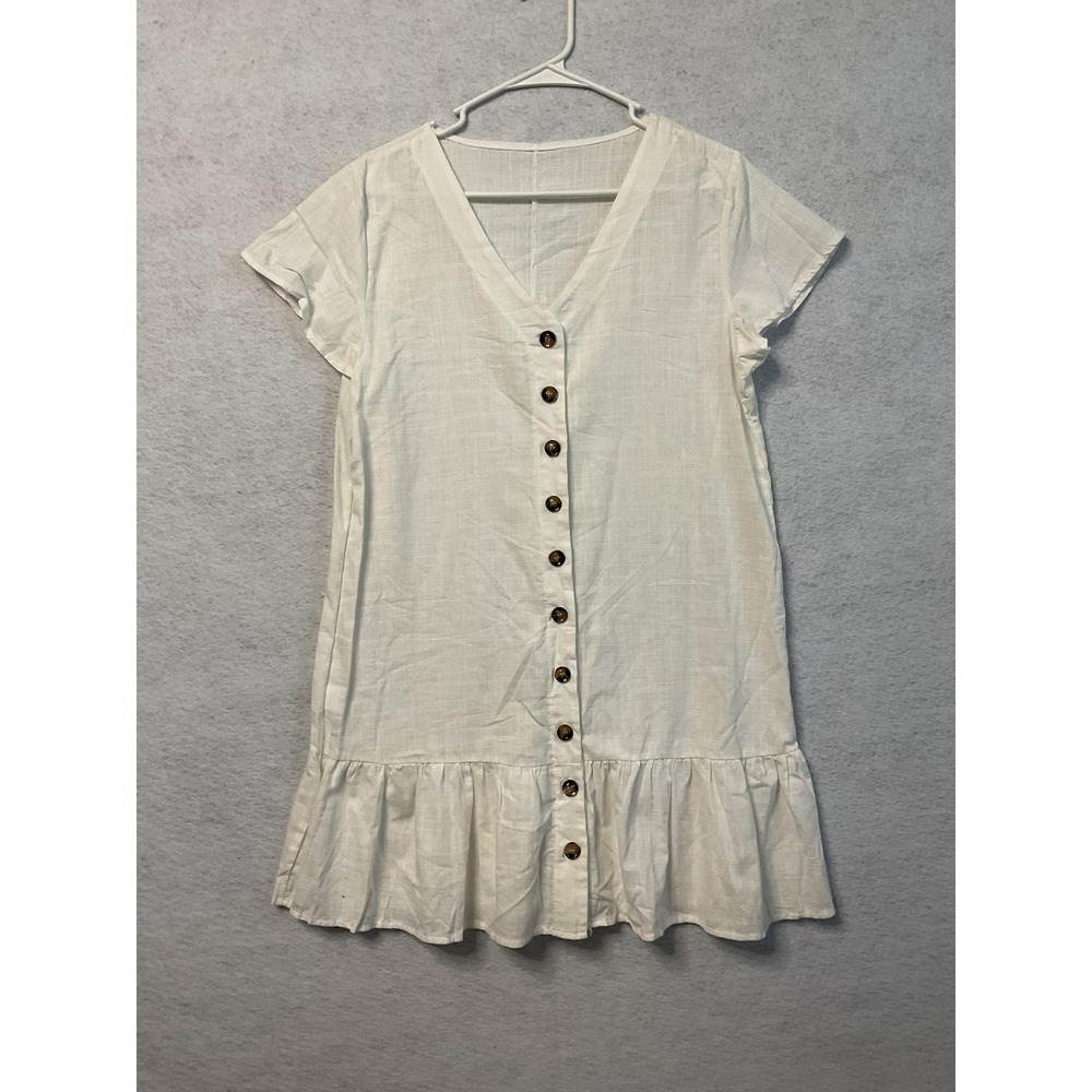 Button Front Dress Girls XXL White Short Sleeve V Neck Ruffle Hem Summer Casual